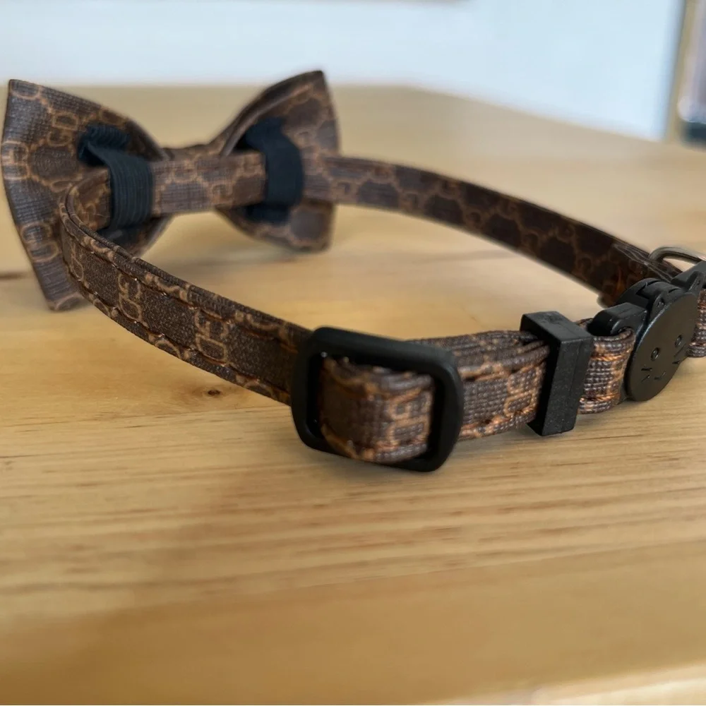 Cat Collar Lux Vegan Leather Bow Necklace Pet Brown Tan Bowtie